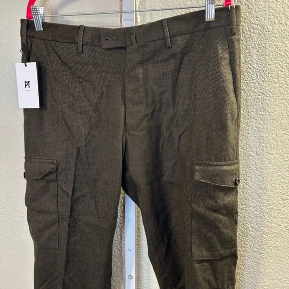 PT Torino Men Brown Herringbone Cargo Pants Deluxe Comfort Fabric Size 52‎